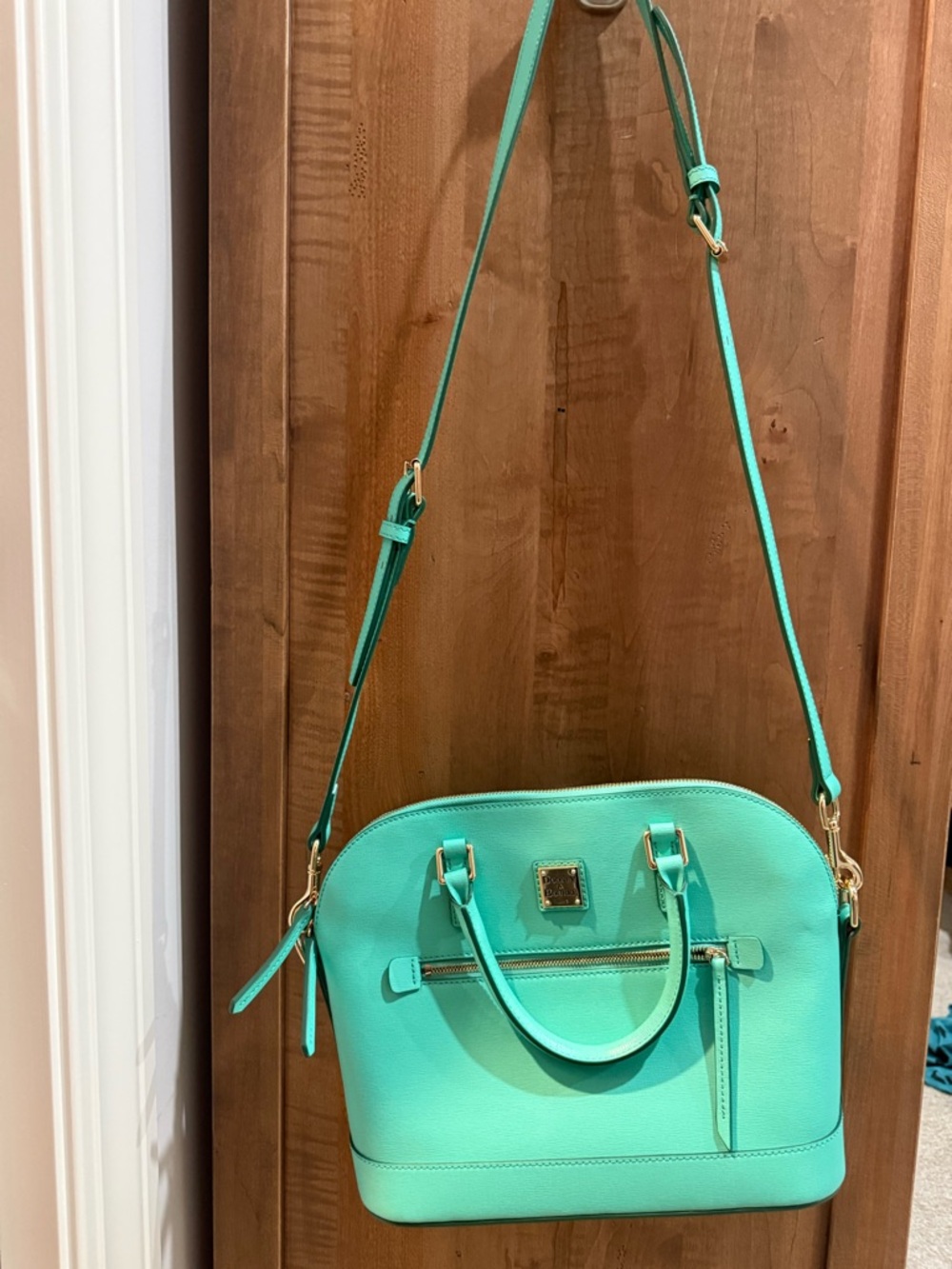 This is a Dooney & Bourke Saffiano Domed Zip Satchel in Aqua. Great shape